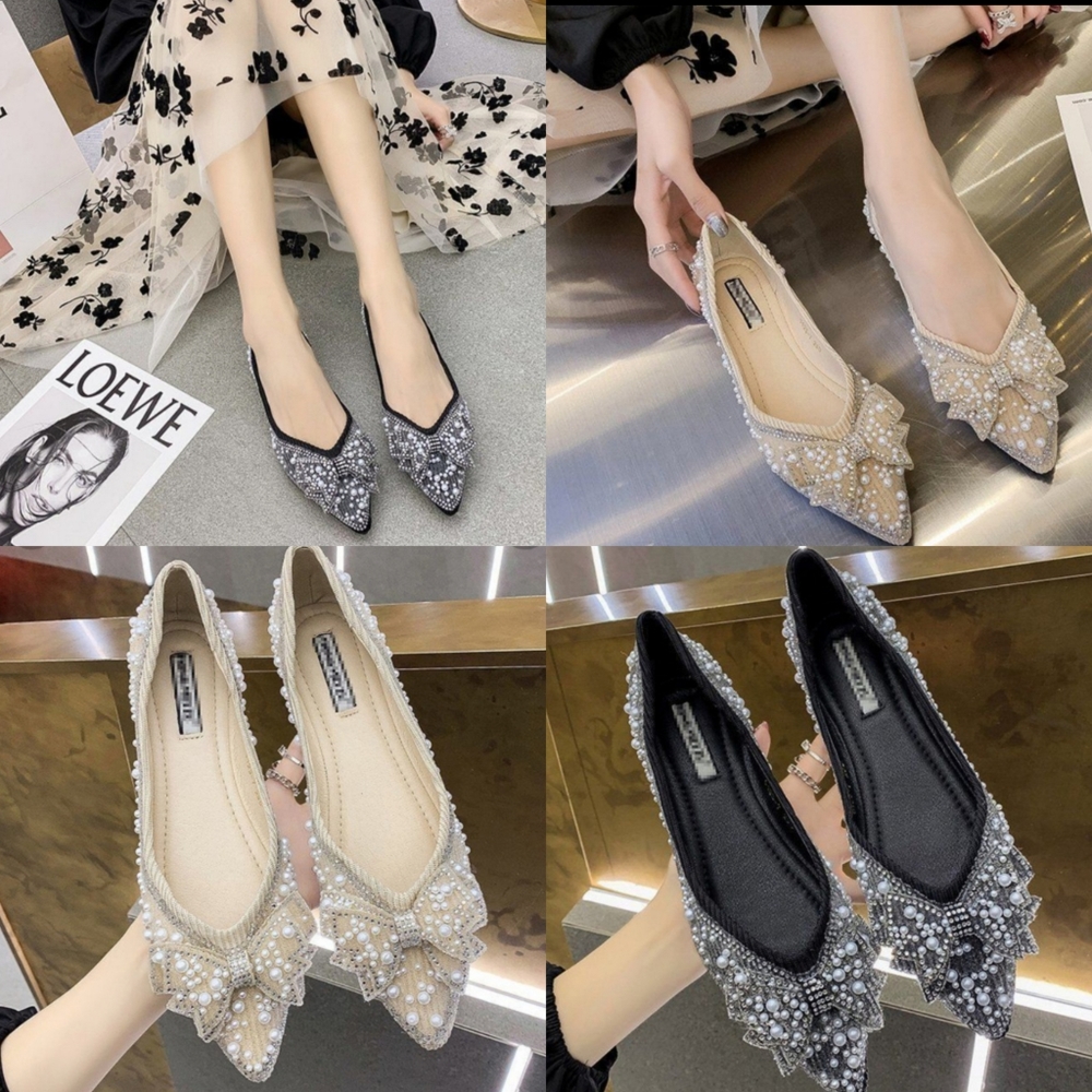 Pearl shoes bridal ballet flats wedding mule pumps pointed embellished bling S 7 - Picture 1 of 10